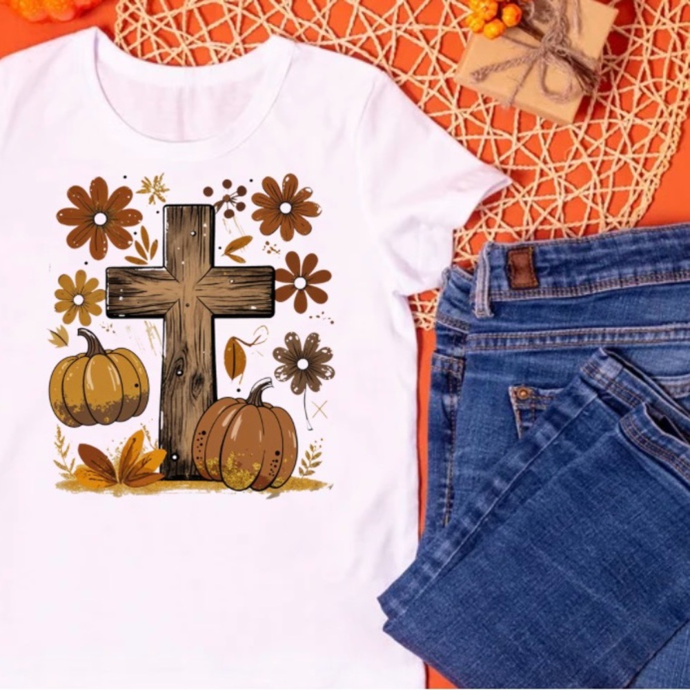 White Shirt with Brown Cross and Pumpkin Design